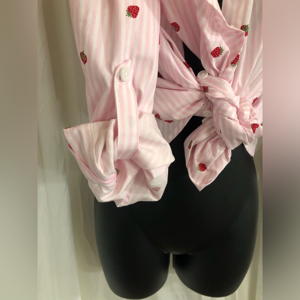Nine West pink white striped strawberry button down menswear shirt size large - Picture 12 of 16